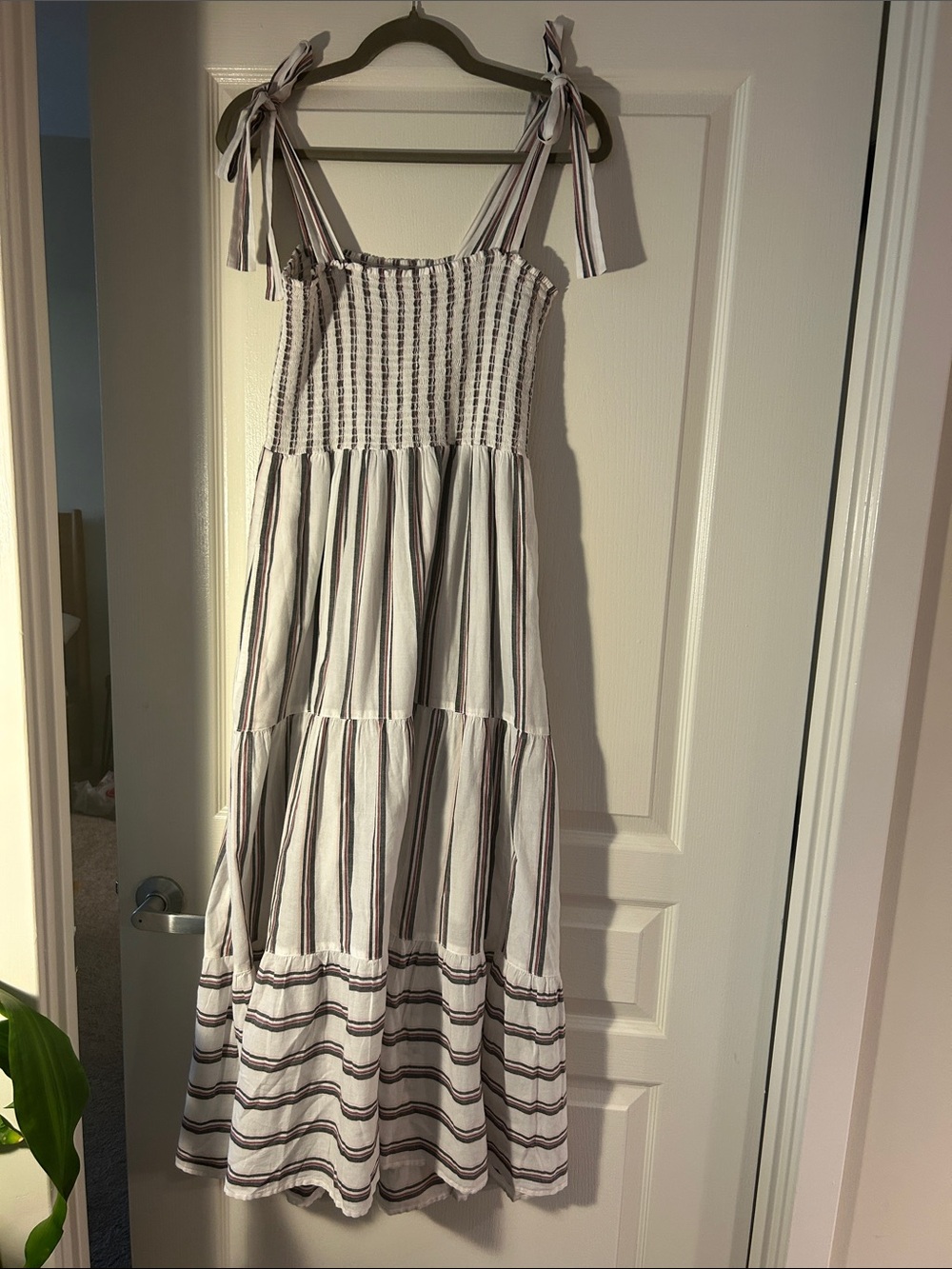 XiRENA White Maxi Dress with Grey and Red Stripe Detail
